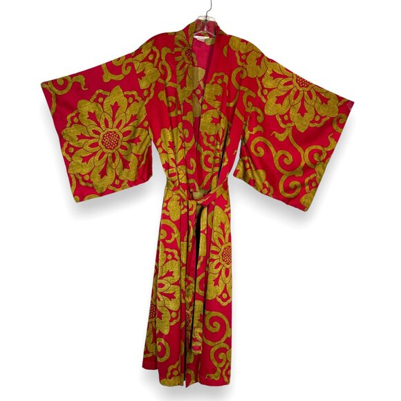 Natori Kimono Robe Nightgown Slip Matching 2 Piece Set Small Red Gold Loungewea - Picture 1 of 13